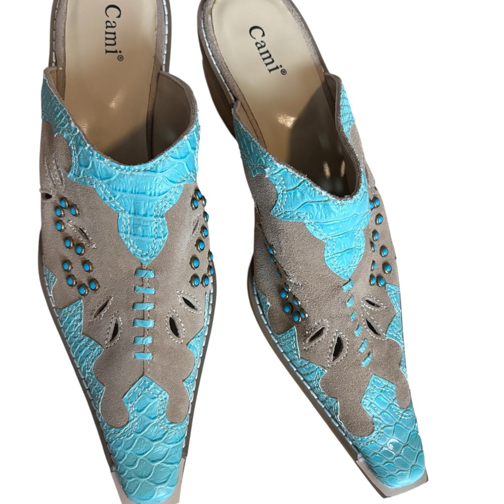 Cami Women’s Turquoise and Tan Embellished Mules